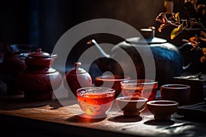 Traditional Chinese tea setup, including a teapot, teacups, and a tray with tea leaves and utensils, representing the beauty and