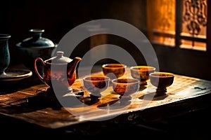 Traditional Chinese tea setup, including a teapot, teacups, and a tray with tea leaves and utensils, representing the beauty and