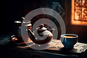 Traditional Chinese tea setup, including a teapot, teacups, and a tray with tea leaves and utensils, representing the beauty and