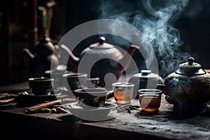 Traditional Chinese tea setup, including a teapot, teacups, and a tray with tea leaves and utensils, representing the beauty and