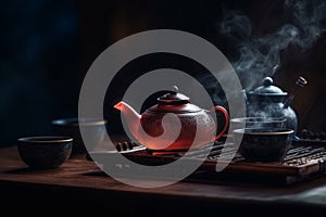 Traditional Chinese tea setup, including a teapot, teacups, and a tray with tea leaves and utensils, representing the beauty and