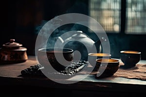 Traditional Chinese tea setup, including a teapot, teacups, and a tray with tea leaves and utensils, representing the beauty and