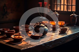 Traditional Chinese tea setup, including a teapot, teacups, and a tray with tea leaves and utensils, representing the beauty and