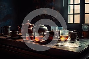 Traditional Chinese tea setup, including a teapot, teacups, and a tray with tea leaves and utensils, representing the beauty and