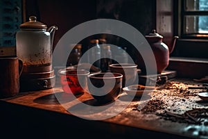 Traditional Chinese tea setup, including a teapot, teacups, and a tray with tea leaves and utensils, representing the beauty and