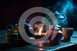 Traditional Chinese tea setup, including a teapot, teacups, and a tray with tea leaves and utensils, representing the beauty and