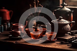 Traditional Chinese tea setup, including a teapot, teacups, and a tray with tea leaves and utensils, representing the beauty and