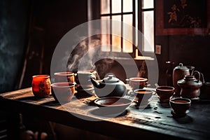 Traditional Chinese tea setup, including a teapot, teacups, and a tray with tea leaves and utensils, representing the beauty and