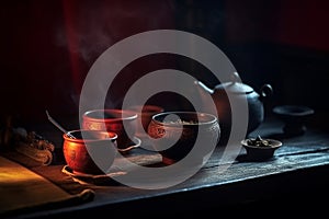 Traditional Chinese tea setup, including a teapot, teacups, and a tray with tea leaves and utensils, representing the beauty and