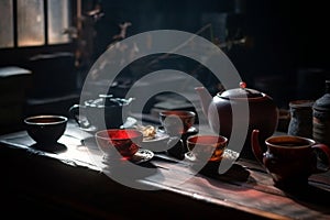 Traditional Chinese tea setup, including a teapot, teacups, and a tray with tea leaves and utensils, representing the beauty and