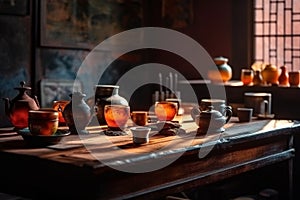 Traditional Chinese tea setup, including a teapot, teacups, and a tray with tea leaves and utensils, representing the beauty and