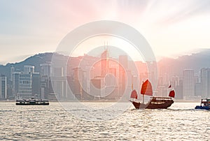 Traditional Chinese tourist junk boat in Hong Kong