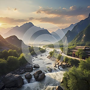 Traditional Chinese tranquil landscape of mountains, rivers, and trees. AI-generated