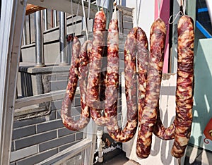 Traditional chinese way for drying sausage