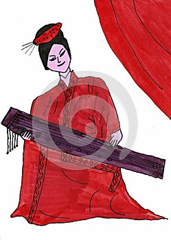 Traditional Chinese Woman with Plucked Instrument Guzheng