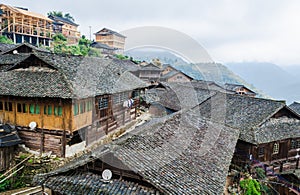 Traditional chinese Zhuang Long Ji minority village wooden houses
