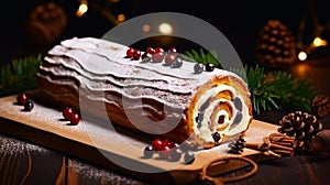 Traditional chocolate trunk cake or log cake on table with Christmas decorations. Generative AI