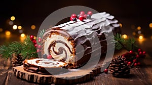 Traditional chocolate trunk cake or log cake on table with Christmas decorations. Generative AI