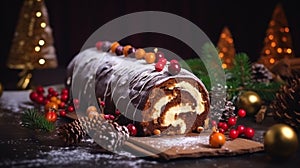 Traditional chocolate trunk cake or log cake on table with Christmas decorations. Generative AI