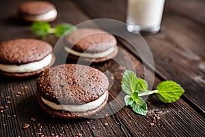 Traditional chocolate Whoopie pies filled with cream