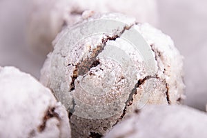 Traditional Christmas almond chocolate snowballs cookies biscuits covered icing sugar powder. Russian Tea Cakes, Mexican Wedding