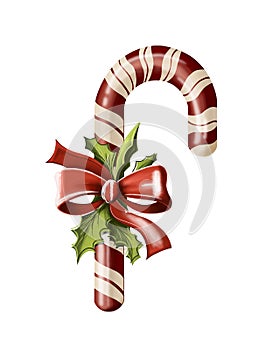 traditional Christmas appetizing candy cane in red and white stripes on a white background. holiday christmas card. winter holiday