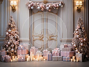 traditional Christmas background with decorations and Christmas garland with pink and white balls on the sides, and white