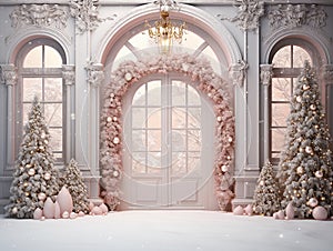 traditional Christmas background with decorations and Christmas garland with pink and white balls on the sides, and white