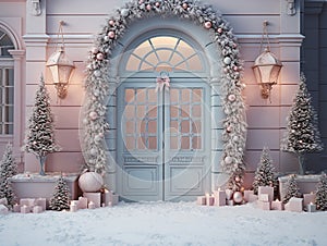 traditional Christmas background with decorations and Christmas garland with pink and white balls on the sides, and white