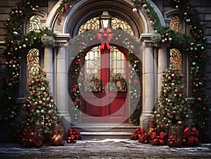 traditional Christmas background with decorations and Christmas garland with red balls on the sides, and white