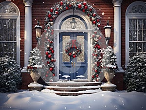 traditional Christmas background with decorations and Christmas garland with red balls on the sides, and white
