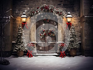 traditional Christmas background with decorations and Christmas garland with red balls on the sides, and white