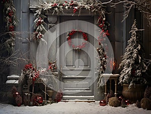 traditional Christmas background with decorations and Christmas garland with red balls on the sides, and white