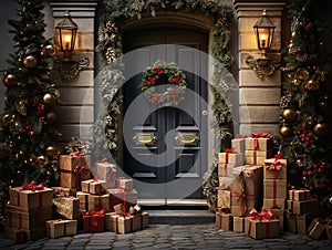 traditional Christmas background with decorations and Christmas garland with red balls on the sides, and white