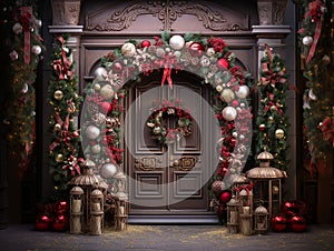 traditional Christmas background with decorations and Christmas garland with red balls on the sides,and white