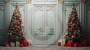 traditional Christmas background with decorations and Christmas trees with red balls on the sides,