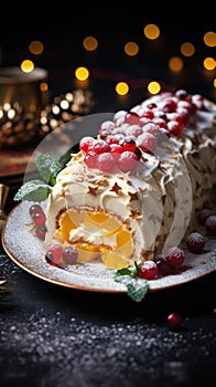 A traditional Christmas cake with orange colored fruits and white cream
