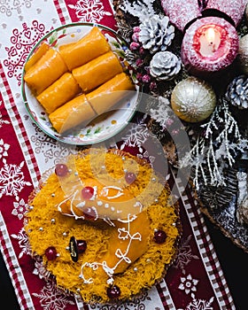 Typical Portuguese Christmas sweets: trouxas de ovos and lampreia de ovos photo