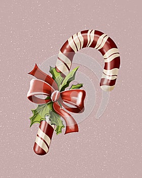 traditional Christmas candy cane in red and white stripes on a pink background. holiday christmas card. winter holiday food, happy