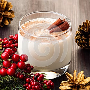 Traditional Christmas cocktail Eggnog with eggs, alcohol, grated nutmeg and cinnamon closeup. Sweet traditional drink for