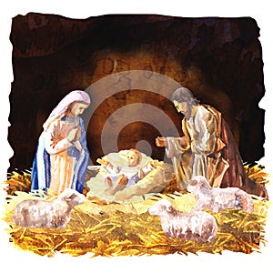 Traditional Christmas Crib, Holy Family, Christmas nativity scene with baby Jesus, Mary and Joseph in the manger with photo