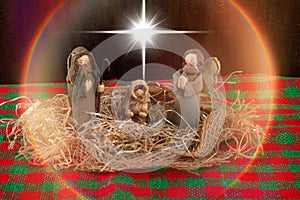 Traditional Christmas decoration. Nativity scene with Christ`s birth. Rustic