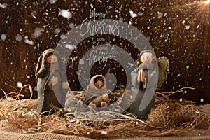 Traditional Christmas decoration. Nativity scene with Christ`s birth. Rustic