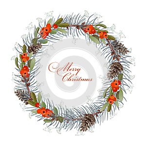 Traditional Christmas decoration New Year`s wreath of spruce branches with cones, mistletoe branches and dried flowers in a waterc