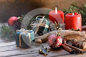 traditional christmas decoration on wooden background