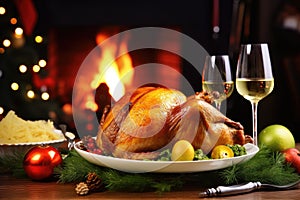 Traditional Christmas dinner with roast chicken, baked turkey on a festive table with wine and candles in front of a