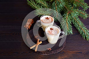 Traditional Christmas drink eggnog with eggs, milk, grated nutmeg and cinnamon on a dark wooden background