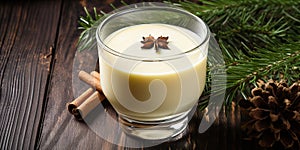 Traditional christmas eggnog with cinnamon and anise on wooden background Generative AI