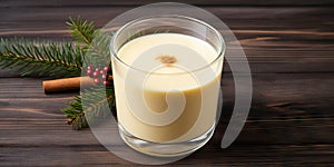 Traditional christmas eggnog cocktail with cinnamon on wooden background. Generative AI