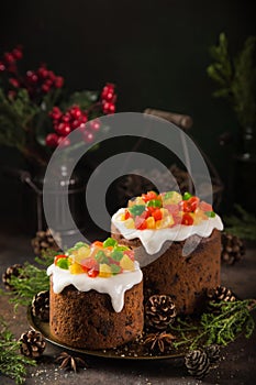 Traditional Christmas fruit cake on dark background